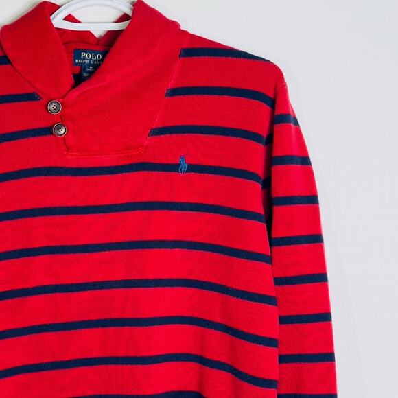 Polo Ralph Lauren Boys Shawl Collar Pullover Sweater M (10-12) Red Navy Striped - Picture 1 of 11